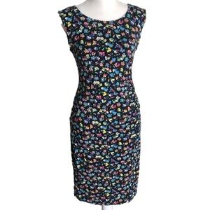 Talbots Petite Black Sheath Multicolored Floral Round Neck Sleeveless Dress